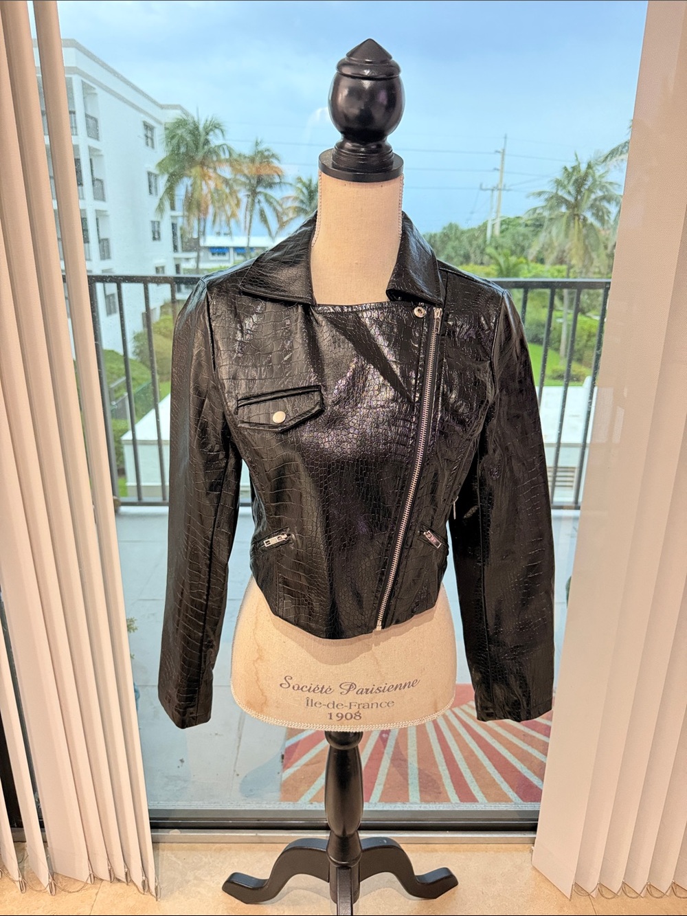 Black Croc-Embossed Asymmetrical Leather Moto Jacket